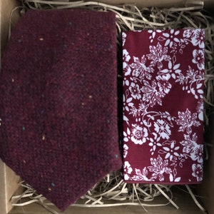 The Oak & Amaryllis: Burgundy Necktie, Maroon Ties, Floral Pocket Square, Mulberry Wool Tie, Wedding Ties, Groomsmen Gift, Red Ties