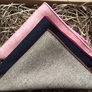 The Carnation, Bell Flower & Willow Pocket Square Hank Gift Set:  Navy Men&#39;s Hankerchief, Pink and Beige Hanky, Wool Hank Gifts