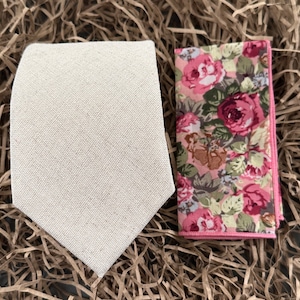 Wide Tie 8cm (3&quot;) | Flax Linen Tie | Cream Tie |  Tie & Pocket Square | Linen Blend Tie | Linen Anniversary Gift for Men | Women&#39;s Tie