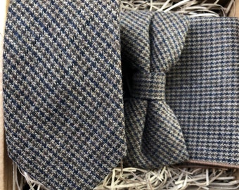 The Sycamore Set: Brown Tweed Pre-Tied Bow Tie with Pocket Square | Men's Slim Tie and Gifts - Stylish Accessories for Every Occasion