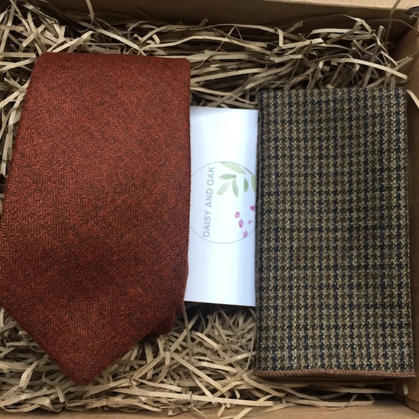 The Skyrocket and Sycamore Men's Tie Set: Burnt Orange Tie & Check Pocket Square | Men's Gifts, Wedding Ties