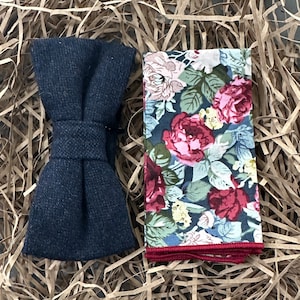 The Bellflower and Iris: Navy Wool Bow Tie, Gifts For Men, Wedding Attire, Mens Ties, Floral Pocket Square, Wedding Ties, Gifts For Men