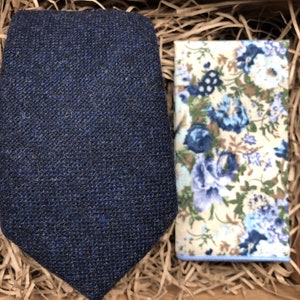 The Bellflower & Empire Navy Blue Men's Tie and Cotton Floral Pocket Square, Wedding and Men's Gift, Skinny and Wide Tie Options