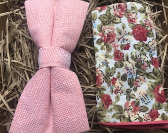 The Clematis and Rose: Blush Pink Bow Tie, Floral Pocket Square, Bow Tie and Pocket Square, Wedding Bow Tie, Bow Ties