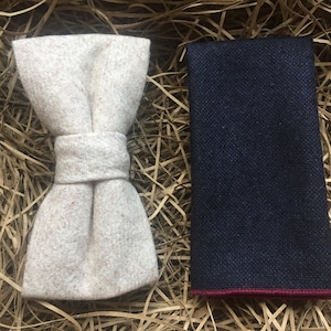 The Dill and Bell Flower: Cream Wool Bow Tie with a  Navy Pocket Square | Wedding Ties | Mens Gifts | Handkerchief