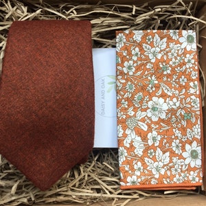 Orange Tie: The Skyrocket and Marigold Men's Burnt Orange Tie Set | Orange Wedding Tie | Floral Pocket Square | Wedding Ties | Gifts For Men