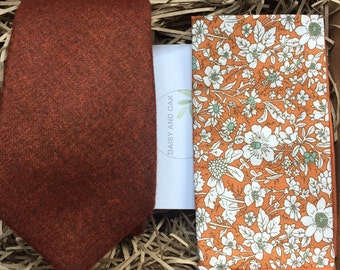 Orange Tie and Hanky Set: Wide & Skinny Tie | Burnt Orange Tie | Pocket square | Men&#39;s Christmas Gift UK | Orange Wedding Ties | Hank