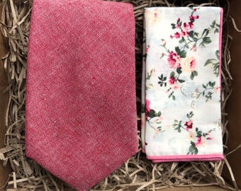 The Valerian: Dusky Pink Necktie and Floral Pocket Square, Dusty Pink Tie, Ties for men, Blue Wedding Ties, Pocket Square