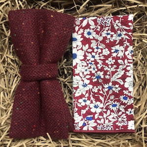 The Oak and Cardinal: Burgundy Flecked Wool Pre-Tied Bow Tie, Floral Pocket Square, Maroon Wedding Ties, Mulberry Bow Tie,  Mens Gifts