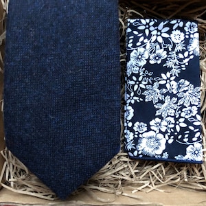 The Bellflower & Windflower Navy Blue Men's Tie, Blue Floral Pocket Square, Wedding Ties, Men's Gifts, Ties For Men, Slim and Wide Width