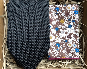 The Hellibore and Cardinal Brown: Black Knitted Necktie, Floral Pocket Square, Knitted Ties,  Wedding Ties, Ties For Men, Black Men's Tie