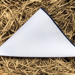 The Flat White Navy: White Cotton Pocket Square with Navy Trim, White Cotton Pocket Square, Pocket Squares For Men, Men&#39;s Gifts
