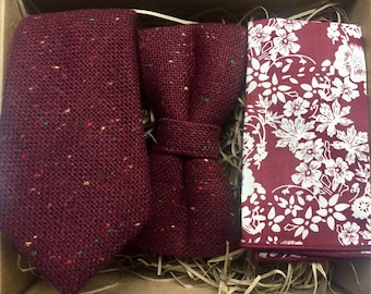 The Oak and Amaryllis: Burgundy Tweed Tie, Maroon Red Bow Tie, Floral Pocket Square, Mulberry WeddingTies, Tweed Ties, Ties For Men