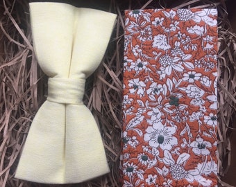 Yellow Bow Tie & Floral Pocket Square Set: Spring Wedding Tie