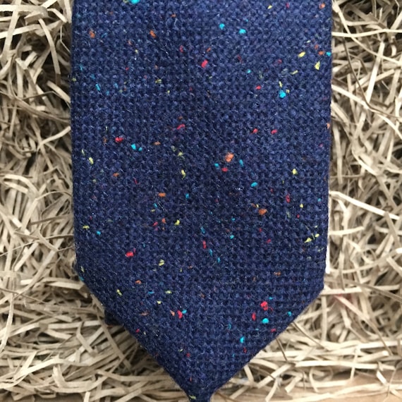 Wedding Ties Navy Blue Flecked Wool Mens Bow Tie and Pocket Square