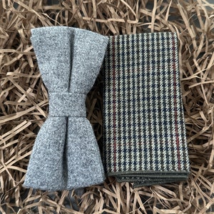 Grey Wool Bow Tie and Check Pocket Square Set