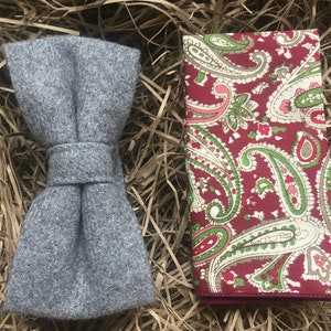 The Birch and Paisley : Light Grey Wool Pre-Tied Bow Tie, Paisley Pocket Square, Ties for Men, Wedding Attire