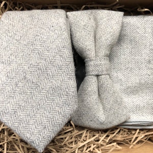 Duty Paid - No Tariff, Grey Wool Herringbone Tie Set: Pre-Tied Bow Tie, Necktie & Pocket Square | Wedding Ties