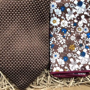 The Hornbeam and Cardinal Brown: Brown Knitted Necktie, Floral Pocket Square, Knitted Ties,  Wedding Ties, Ties For Men, Pocket Square