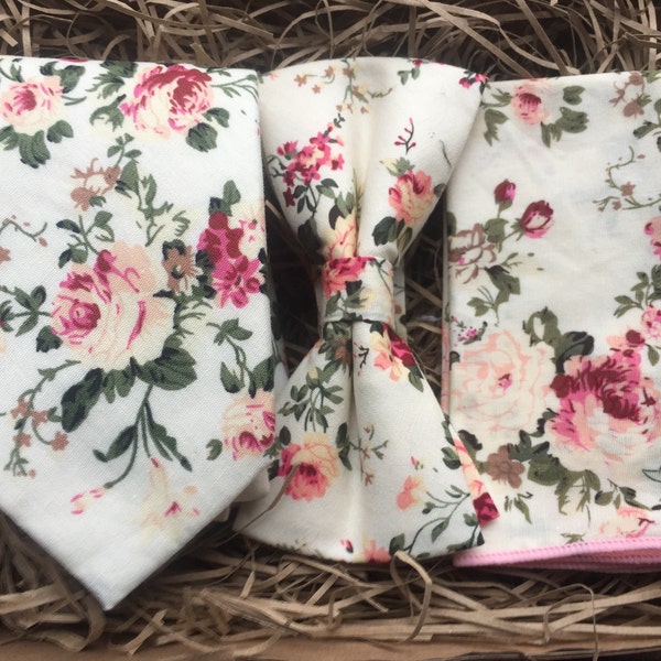The Comte de Chambord Rose Tie Set: Floral Wedding Ties, Pre-Tied Bow Tie, Tie sets, Mens Gifts, Pink Ties, Slim Ties, Groomsmen Ties
