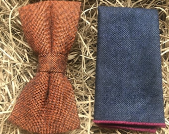 Conjunto de pajarita y pañuelo de bolsillo de lana color naranja quemado: estilo vintage para hombre