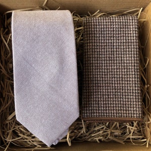 Linen Mix Cream Tie & Check Wool Pocket Square Set