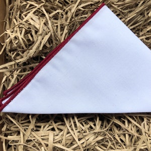 The Flat White Burgundy: White Cotton Pocket Square Hank with Red Trim, White Cotton Pocket Square, Pocket Squares For Men, Men&#39;s Gifts