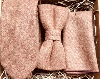 Camel Wool Tie Set: Bow Tie & Pocket Square - Men's Wedding Ties