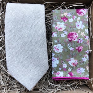The Flax and Cottoneaster: Cream Linen Tie, Beige Men&#39;s Ties, Pocket Square, Tie Set, Men&#39;s Gifts, Wedding Ties, Groomsmen Gifts