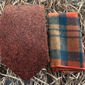 Wide Tie | Skinny Tie | Maple Orange Tie & Rust Men&#39;s Pocket Square | Wedding Tie | Mens Gift | Men&#39;s Wool Anniversary Gift | Graduation Tie
