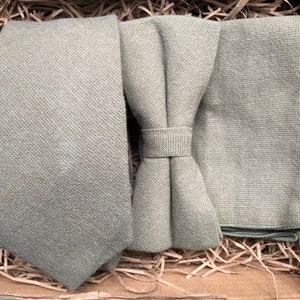 Sage green mens tie, bow tie and pocket square set in cotton with a linen look