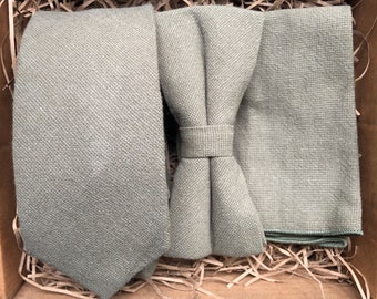 The Sage: Men&#39;s Green Tie, Bow Tie, and Pocket Square Set, Olive Linen Ties, Wedding Ties, Groomsmen Gifts