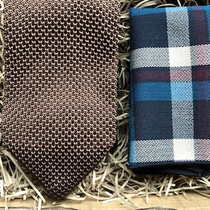 The Hornbeam and Blue Heath: Brown Knitted Necktie, Check Pocket Square, Knitted Ties,  Wedding Ties, Ties For Men, hankerchief for men