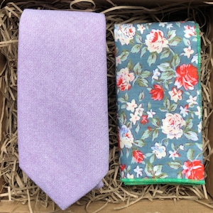 The Clover and Birdbill: Lavender Floral Necktie, Purple Ties For Men, Wedding Ties, Floral Pocket Square, Groomsmen Gifts, Pastel Necktie
