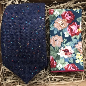 The Lupin and Empire: Navy Blue  Men's Tie, Red Floral Pocket Square, Knitted Ties, Blue Knitted Ties, Wedding Ties, Husband to be Gifts