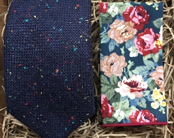 The Lupin and Empire: Navy Blue  Men's Tie, Red Floral Pocket Square, Knitted Ties, Blue Knitted Ties, Wedding Ties, Husband to be Gifts