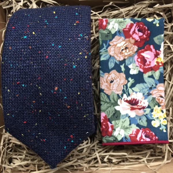 The Lupin and Empire: Navy Blue  Men's Tie, Red Floral Pocket Square, Knitted Ties, Blue Knitted Ties, Wedding Ties, Husband to be Gifts