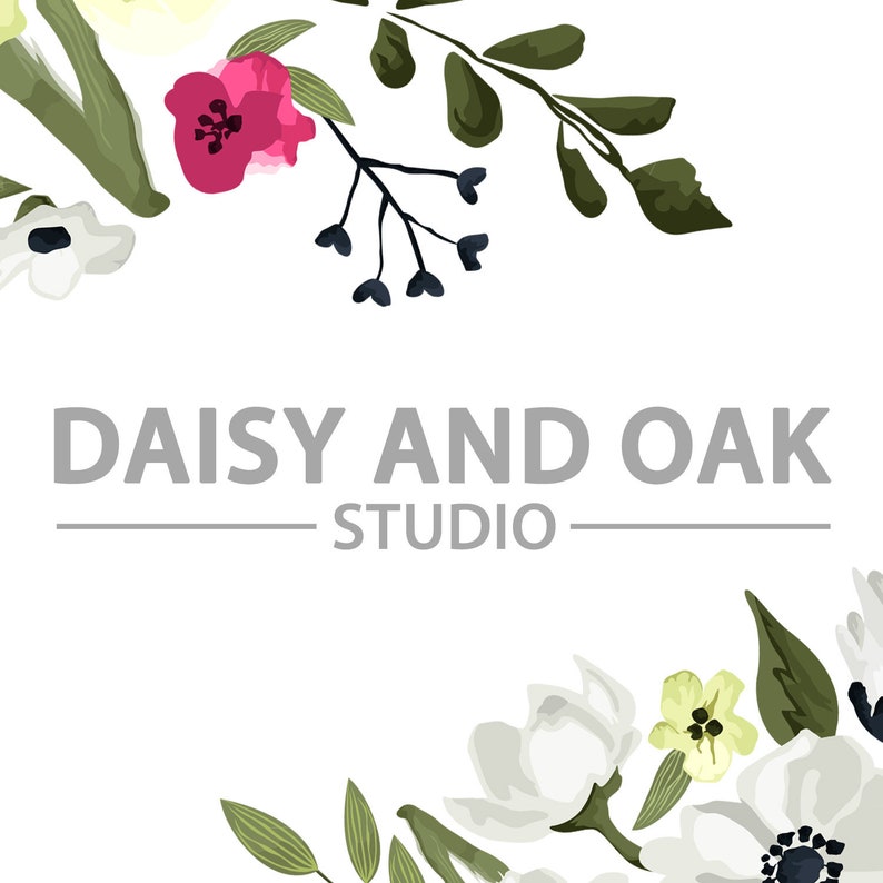 May include: A white background with a floral design in the top left and bottom right corners. The text "DAISY AND OAK STUDIO" is centered in the middle of the image.
