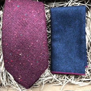 The Oak and Bellflower: Burgundy Necktie, Flecked Ties, Wool Pocket Square, Maroon Wedding Ties, Mulberry Wool Ties, Mens Gifts