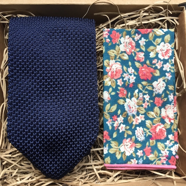 The Larkspur and Teal Rose: Navy Blue Knitted Necktie, Floral Pocket Square, Knitted Ties, Wedding Ties, Mens Gifts