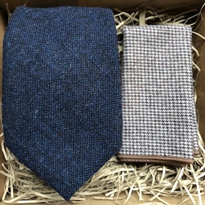 The Bellflower and Babbington: Navy Blue Necktie, Check Wool Pocket Square, Ties For Men, Navy Wedding Tie in Slim and Wide widths