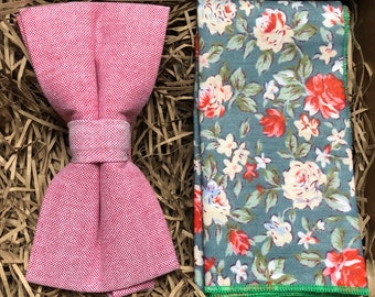 The Dusky Rose & Birdbill: Dusky Pink Bow Tie, Floral Pocket Square, Pink Bow Tie and Pocket Square, Wedding Bow Tie, Dusty Pink Bow Ties