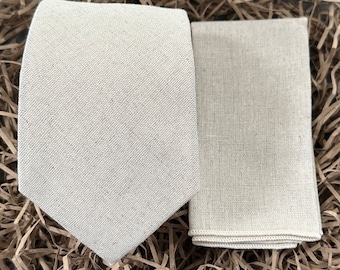 Wide Tie 8cm (3&quot;), Flax Linen Tie, Pocket Square, Cream Tie, Linen Blend Tie, Linen Anniversary Gift for Men, Linen Tie for Weddings