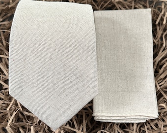 Wide Tie 8cm (3"), Flax Linen Tie, Pocket Square, Cream Tie, Linen Blend Tie, Linen Anniversary Gift for Men, Linen Tie for Weddings