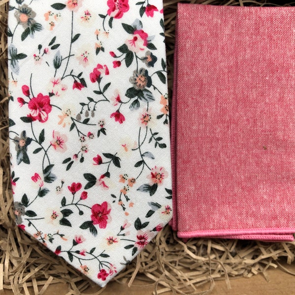 The Briar Rose & Valerian: Floral Pink Necktie and Dusky Pink Pocket Square, Dusty Pink Tie, Ties for men, Pink Wedding Ties, Pocket Square