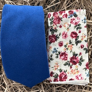 The Cornflower | Royal Blue Tie Set | Pink Floral Pocket Square | Slim Width  | Royal Blue Wedding Tie | Groomsmen Gifts | Tie for The Races