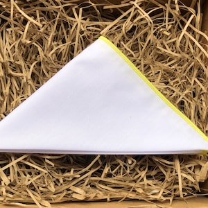 The Flat White Lemon: White Cotton Pocket Square with Lemon  Trim, White Cotton Pocket Square, Pocket Squares For Men, Men&#39;s Gifts
