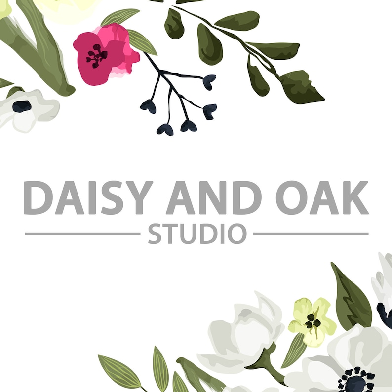 K&ouml;nnte beinhalten: Wei&szlig;er Hintergrund mit floralen Illustrationen und dem Text "DAISY AND OAK STUDIO" in Grau. Die floralen Elemente umfassen rosa, wei&szlig;e und gelbe Blumen sowie gr&uuml;ne Bl&auml;tter und dunkelblaue Akzente. Das Design ist sauber und elegant.