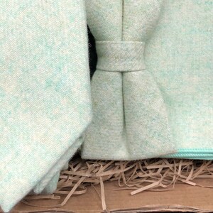 Pastel Green Wool Tie Set: Wedding Bow Tie & Pocket Square image 2