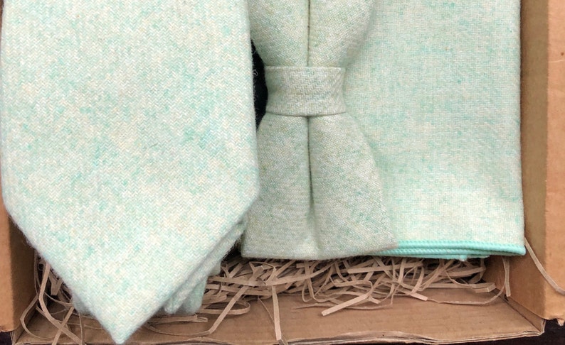 Pastel Green Wool Tie Set: Wedding Bow Tie & Pocket Square image 2